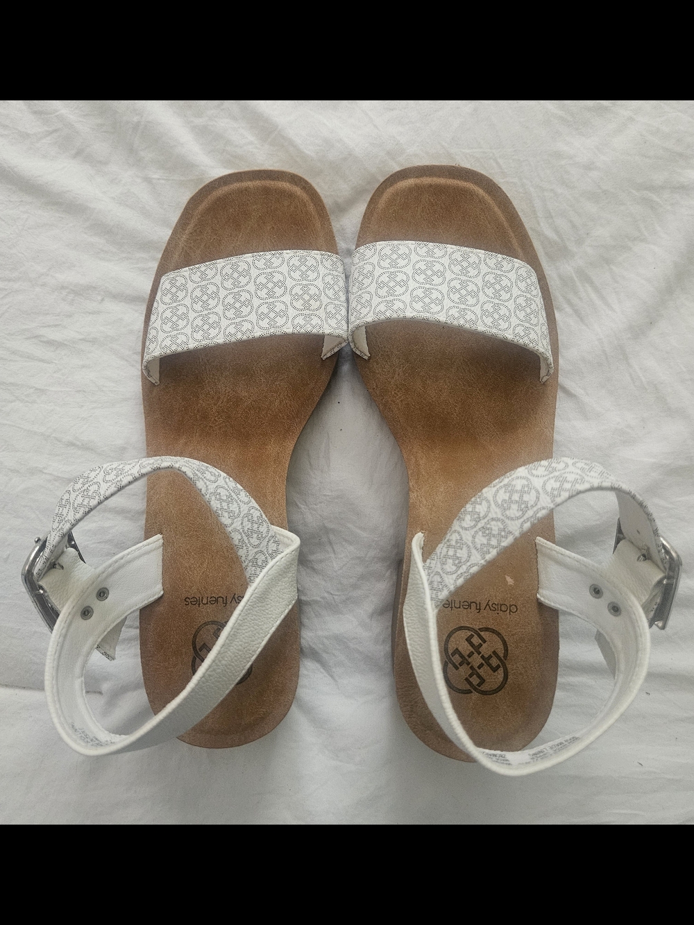 White Patterned Ankle-Strap Slide Sandals